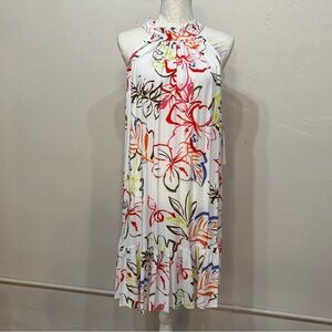 MSK Size L Summer Dress Floral White Colorful Tieback Sleeveless Flowing